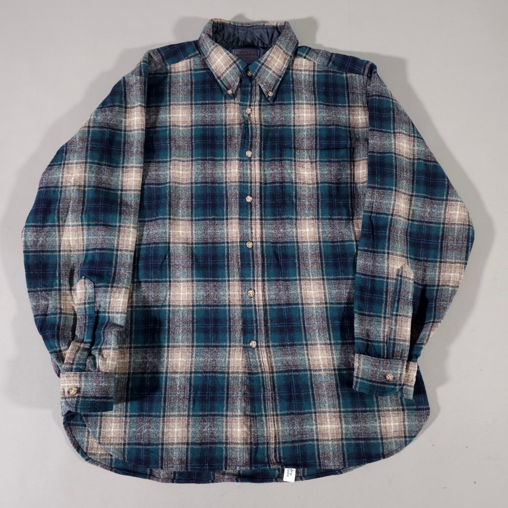 Pendleton Flannel Shirt Mens L Blue Plaid Virgin Wool Button Down Made in USA